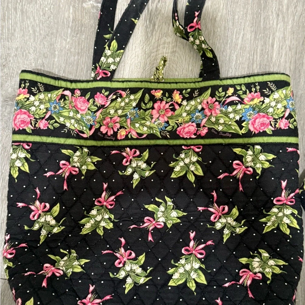 Vera Bradley Floral Black Tote Bag with Matching Pouch - Picture 2 of 4